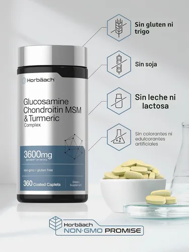 Vista 5 de Horbäach Glucosamina condroitina MSM 3600 mg 360 comprimidos Fórmula avanzada con cúrcuma Sin OMG, sin gluten Fórmula avanzada con cúrcuma