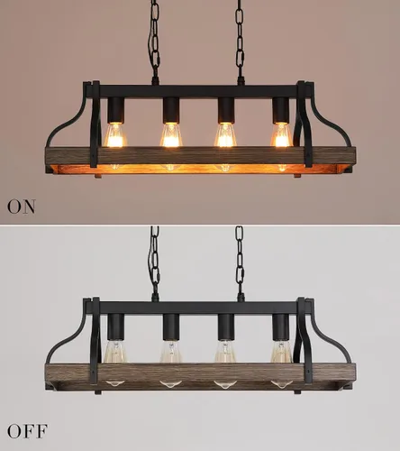 Vista 7 de MEIXISUE Lámpara rústica para isla de cocina, comedor, candelabro lineal estilo granja, acabado negro y madera retro, 4 luces, lámpara colgante