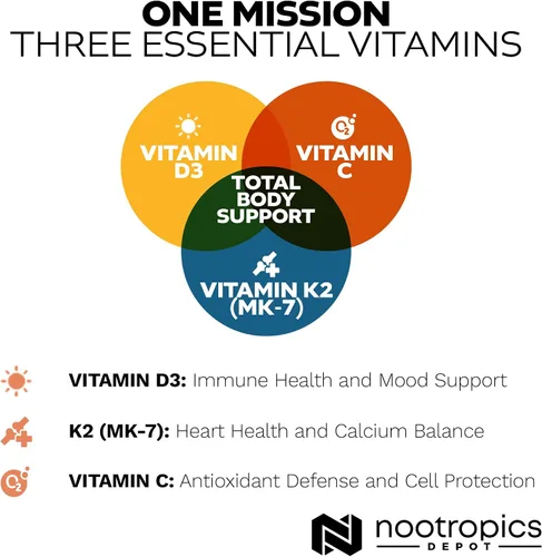 Vista 5 de Nootropics Depot Vitamina D3 + K2 con tabletas de vitamina C 365 unidades 125μg Equivalente a 5000 UI Año de suministro