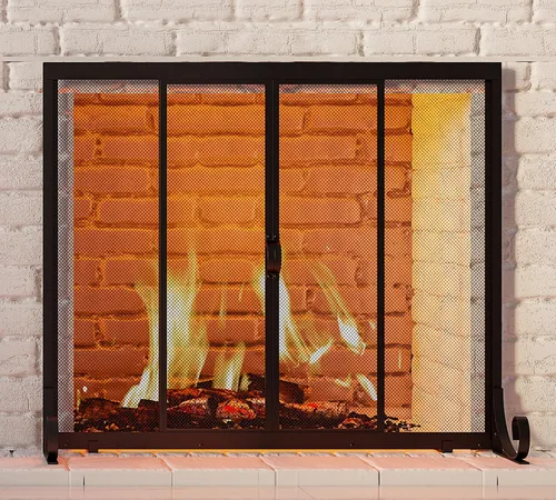 Vista 6 de Fire Beauty Pantalla para chimenea, malla de hierro forjado, protector de chispas seguro para bebés con 2 puertas grandes pantallas planas