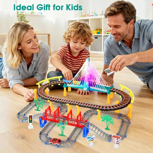 Vista 7 de Juego de Pistas de Tren Eléctrico DIY 2 en 1 para Niños de 4-8 Años, Juego de Pistas de Tren y Autos, Puente con Luces y Tren con Sonido, Accesorios