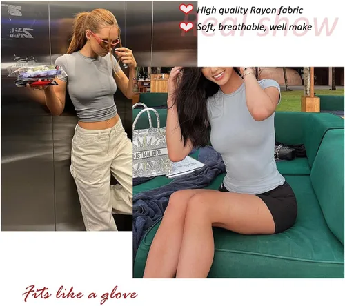Vista 3 de Dwnval Camisetas básicas sexys para mujer, blusas de verano de manga corta con cuello redondo y ajuste entallado