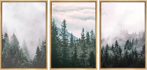 Vista 36 de SIGNWIN Lienzo enmarcado para pared, juego de decoración de guardería de bosques, niebla y niebla sobre bosque de montaña oscura, naturaleza, arte