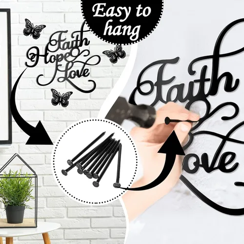 Vista 5 de Moxweyeni 4 piezas de decoración de pared de metal con texto en inglés «Faith Hope Love» («Faith Hope Love») con letras negras inspiradoras, arte