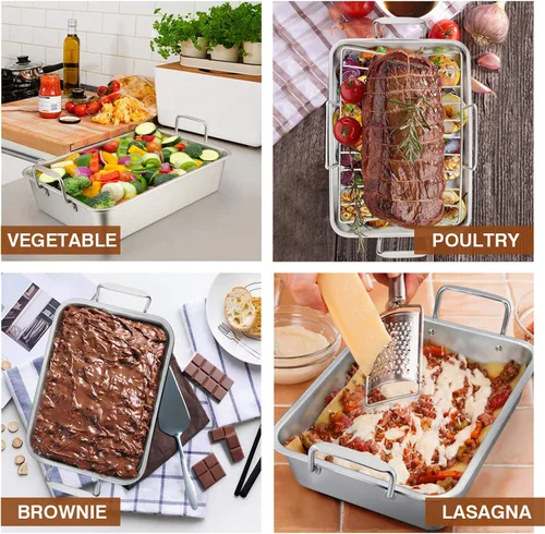 Vista 5 de P&P CHEF Bandeja Asadora de 14 pulgadas con rejilla para hornear y rejilla en forma de V, bandeja rectangular de acero inoxidable para lasaña