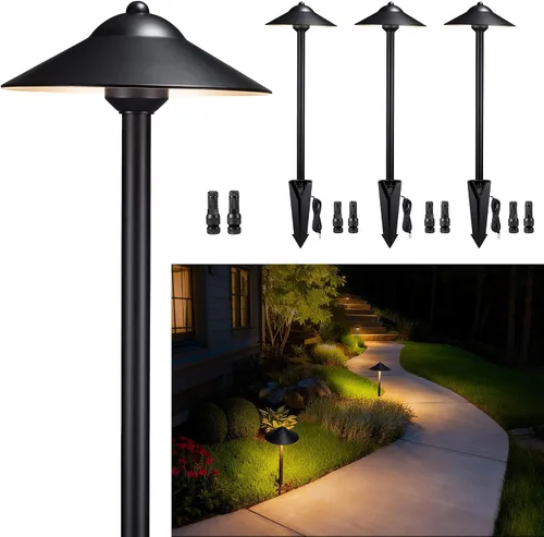 Vista 17 de Gardenreet Luces de camino de paisaje de latón, luces de camino de bajo voltaje de 12 V con cable, luces de jardín al aire libre LED impermeables