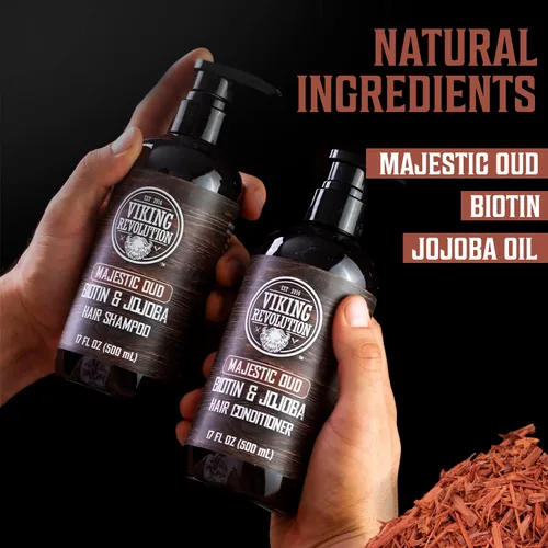Vista 4 de Viking Revolution Majestic Oud - Juego de champú y acondicionador para hombre con biotina y aceite de jojoba, champú natural para el cabello