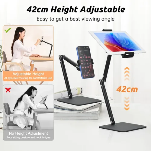 Vista 2 de UTEBIT Soporte para iPad para escritorio, giratorio de 360°, soporte de teléfono ajustable de 9.5 a 16.5 pulgadas de altura para escritorio, Negro