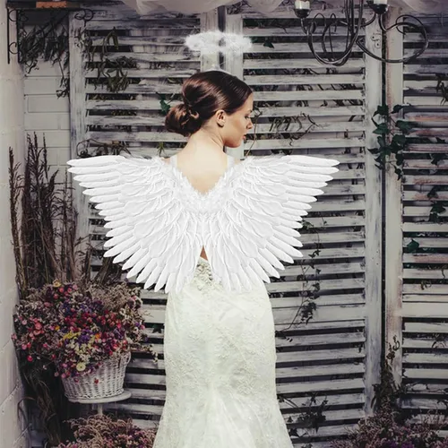 Vista 7 de Alas de ángel y halo para adultos, disfraz de ángel de plumas para mujeres, niños y niñas, accesorios de disfraces de cosplay de Halloween