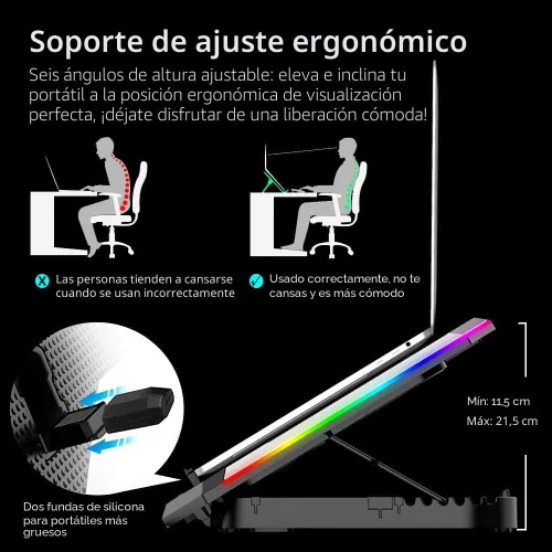 Vista 4 de ICE COOREL Almohadilla de enfriamiento para laptop de juegos de 15-17.3 pulgadas, ventilador para laptop con 6 ventiladores de enfriamiento RGB