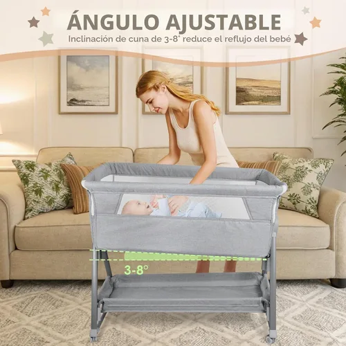 Vista 6 de BIERUM Moisés de bebé para bebé – Moisés de noche ajustable de 7 alturas con ruedas bloqueables, fácil de montar, cuna portátil con bolsa de Gris