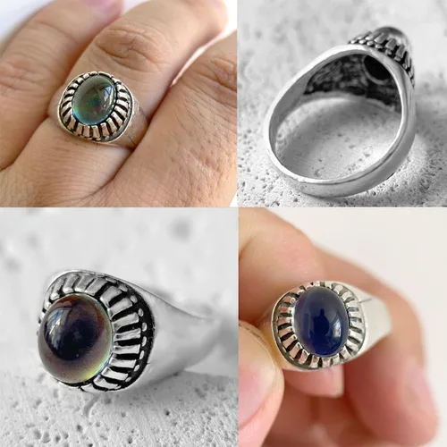 Vista 2 de THJEW Juego de 4 anillos de piedras preciosas naturales retro, juego de anillos de piedra real chapados en plata gruesa, regalo de joyería