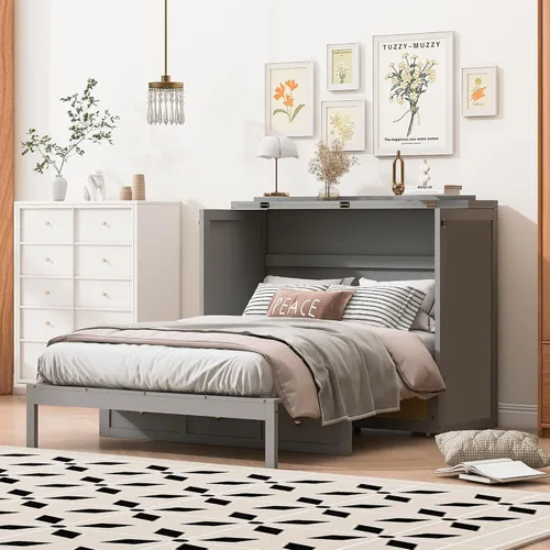 Vista 3 de Murphy - Cama de pared con cajones grandes, para apartamentos de habitaciones pequeñas, estudio, oficina en casa (color gris # z, matrimonial)