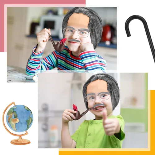 Vista 4 de Jutom Disfraz de anciano para el día 100 de escuela, 8 piezas, para niños, niños, abuelo, gafas de bastón, peluca calva, bigote y tirantes