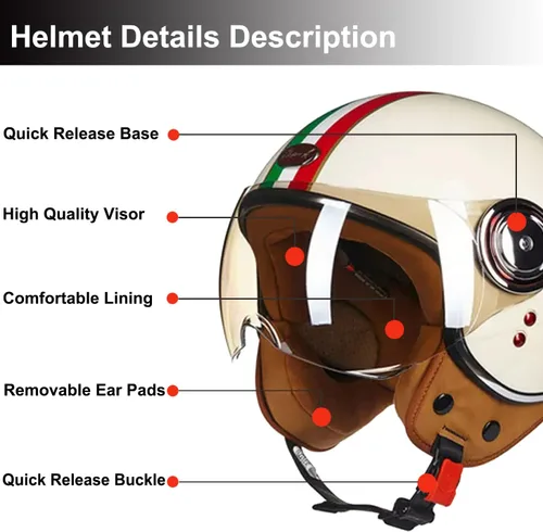 Vista 4 de Casco de motocicleta aprobado por el DOT, casco retro 3/4 de cara abierta con visera, casco vintage para scooter para mujeres y hombres adultos