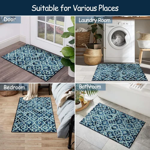 Vista 5 de Moynesa Alfombra marroquí lavable de 2 x 3 pulgadas, pequeña, azul, para cocina, baño, suave, antideslizante, de pelo bajo, moderna, geométrica