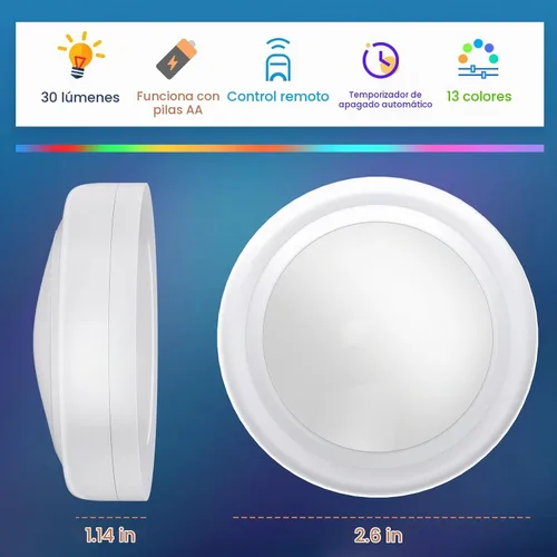 Vista 2 de Luces de disco con control remoto, 13 colores intercambiables, luces LED de disco con pilas, regulables, para debajo del gabinete, con 1 control