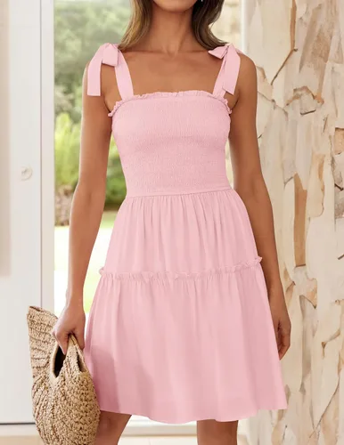 Vista 3 de ZESICA Vestido corto de verano para mujer, con tirantes delgados, sin mangas, cuello cuadrado, volantes, acampanado, con vuelo