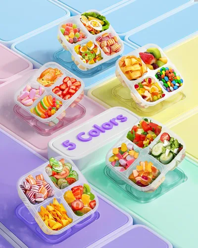 Vista 2 de Canfanni 5 recipientes Bento para aperitivos, contenedores reutilizables de almacenamiento de alimentos divididos con 4 compartimentos, contenedor