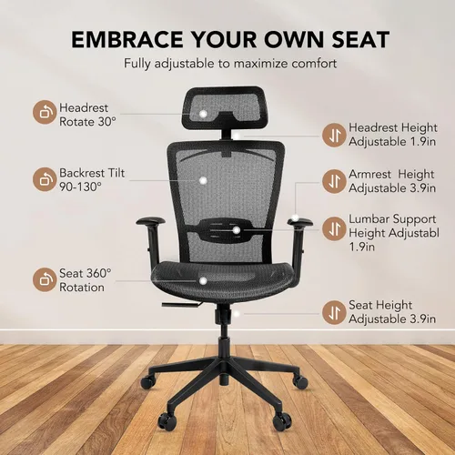 Vista 6 de SANODESK OS3 - Silla de oficina ejecutiva grande y alta, silla de computadora de malla ajustable en altura con reposacabezas ajustable y soporte