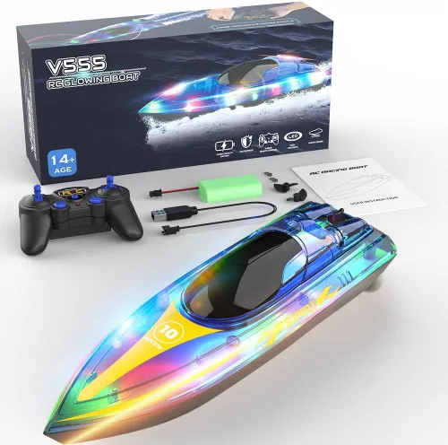 Vista 8 de Akargol Bote RC con LED - Barco de control remoto para piscinas y lagos 2.4 GHz, barcos RC con 2 baterías recargables, cuerpo completamente