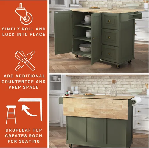 Vista 6 de Homestyles Carrito móvil de isla de cocina con parte superior de madera y barra de desayuno con hoja desplegable, 18" de profundidad x 53.5" de Verde
