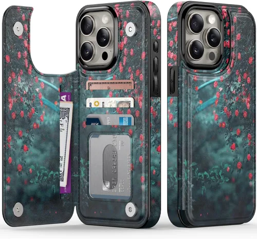 Vista 158 de FUNMIKO Funda tipo cartera para iPhone 15 con tarjetero + clip para efectivo, bloqueo RFID, protección contra caídas de grado militar y obras