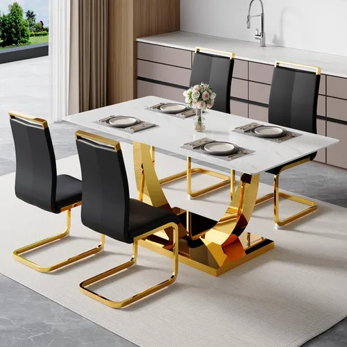 Vista 32 de Juego de mesa de comedor de 63 pulgadas para 4, juego de mesa de comedor dorado moderno para 4, juego de mesa de cocina de mármol sintético