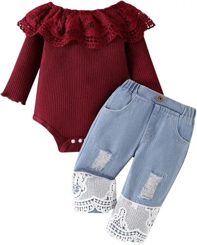 Vista 19 de Conjunto de ropa de bebé niña para bebé, mameluco de encaje blanco de manga larga + pantalones de mezclilla