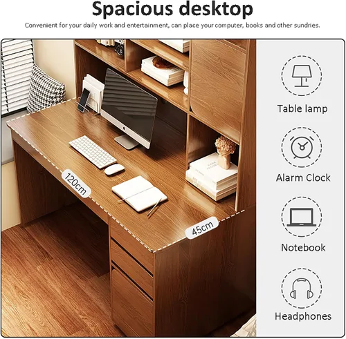 Vista 3 de HM&DX Escritorio para computadora de oficina en casa con gabinete, escritorio de estudio de madera con cajones, muebles modernos de madera