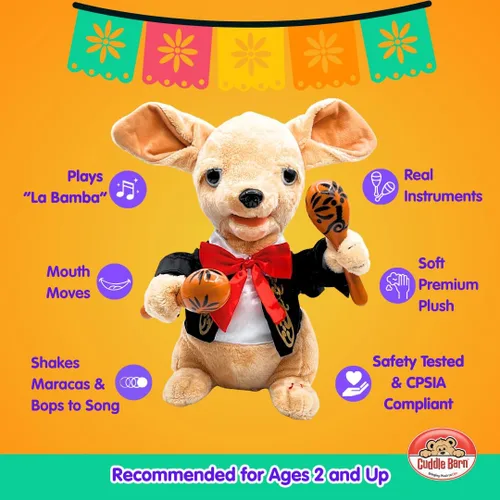 Vista 3 de Cuddle Barn Chuey Bamba Singing Chihuahua - Peluche animado con Maracas, 12 pulgadas