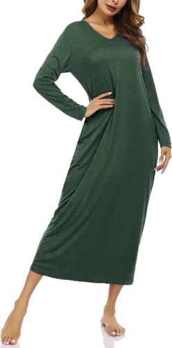 Vista 3 de Marvmys Camisones largos de algodón para mujer, camisones de manga larga, cuello en V, camisas de dormir de longitud completa con bolsillo