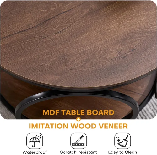 Vista 5 de BECHAEO Mesa de centro redonda de 31.5 pulgadas con almacenamiento, mesa de centro vintage de 2 niveles para sala de estar, parte superior de madera