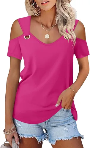 Vista 18 de Minetom - Camisetas básicas de verano para mujer, de manga corta, con hombros descubiertos y cuello en V