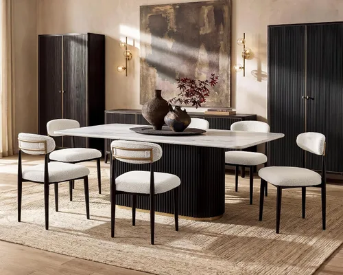 Vista 9 de Juego de mesa de comedor moderno Morden Fort para 4, mesa de cocina de 70" con tapa rectangular de mármol y base estriada negra, 4 sillas tapizadas