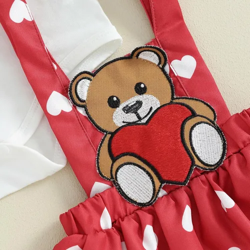 Vista 5 de Conjunto de 2 piezas para el día de San Valentín para bebé niña, mameluco de manga larga con tirantes de encaje y corazón, 2 piezas para otoño e