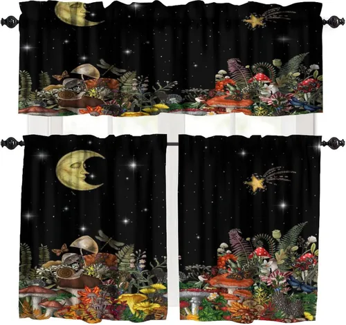 Vista 16 de Cortina de cocina de hongos, fresa con plantas verdes, flores silvestres, estrellas doradas, mariposa, dormitorio, comedor, cafetería, oficina, sala
