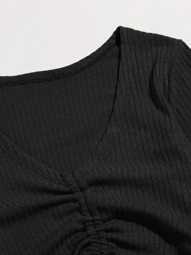 Vista 4 de SweatyRocks Camiseta corta de manga larga con cuello en V y cordón para mujer