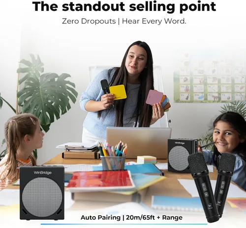 Vista 7 de WinBridge S90 - Micrófono portátil y sistema de micrófono Bluetooth con altavoz, amplificador de voz de 30 W, sistema PA con 2 micrófonos