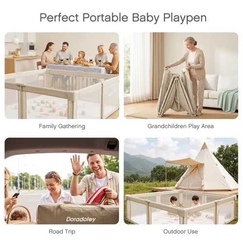 Vista 7 de Doradotey - Corralito plegable y premontado para bebés y niños pequeños, corralito grande de 55 x 79 pulgadas para interiores, juego de valla