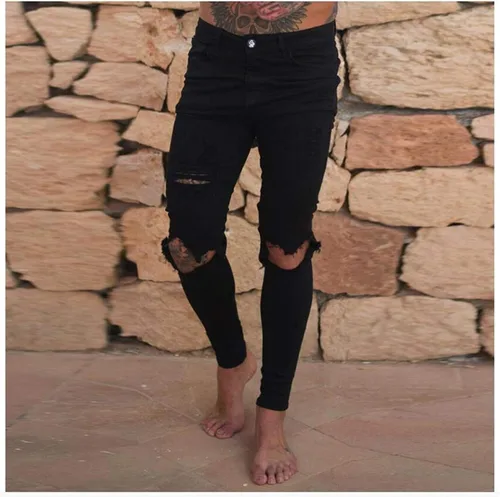 Vista 2 de Andongnywell - Pantalones de mezclilla ajustados para hombre con corte destruido en la rodilla desgastados, ajustados, elásticos, pantalones
