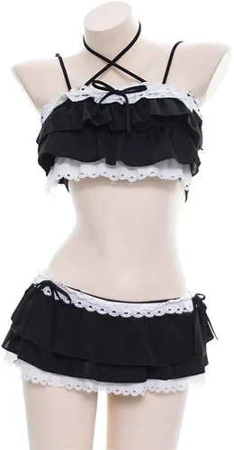 Vista 3 de YOMORIO Traje de baño japonés Kawaii con volantes para mujer, traje de baño de anime lindo gato Cosplay lencería traje