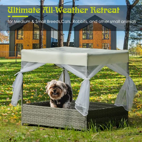 Vista 8 de Casa de mimbre para perros de 36 pulgadas, para interiores y exteriores, con toldo, resistente a la intemperie, cama de refugio para perros