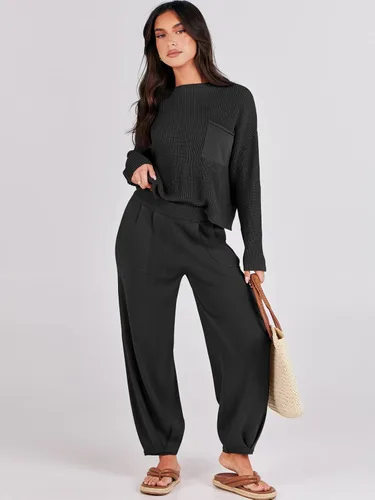 Vista 2 de Prinbara Conjunto de 2 piezas para mujer, suéter de punto para otoño, pantalones de gran tamaño, conjunto casual de descanso