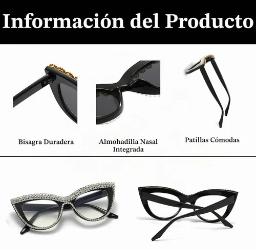 Vista 4 de LJCZKA Rhinestone Cat Eye Glasses Women Vintage Anti Eyestrain Blue Light Blocking Computer Glasses Diamond Eyewear Diamante Negro Transparente