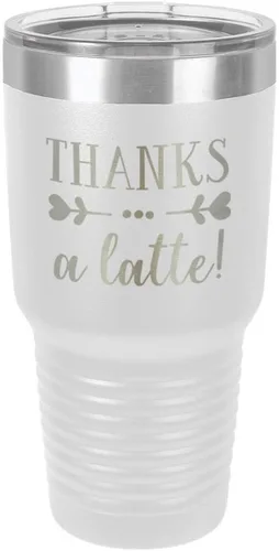 Vista 17 de Taza de viaje de acero inoxidable con tapa superior deslizante y pajita con texto en inglés "THANKS A LATTE 30oz Taza de viaje", compara con Yeti