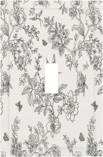 Vista 99 de Cubierta de tomacorriente eléctrico dúplex individual estilo campestre con diseño floral de flores y pájaros en blanco y negro, placa de pared de 1