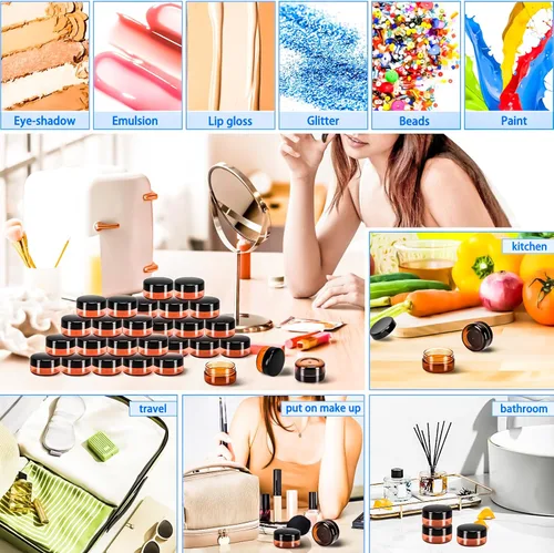 Vista 4 de Paquete de 50 de 10 g pequeños contenedores de cosméticos de plástico con tapas, frascos de maquillaje de 10 gramos de color ámbar con espátulas