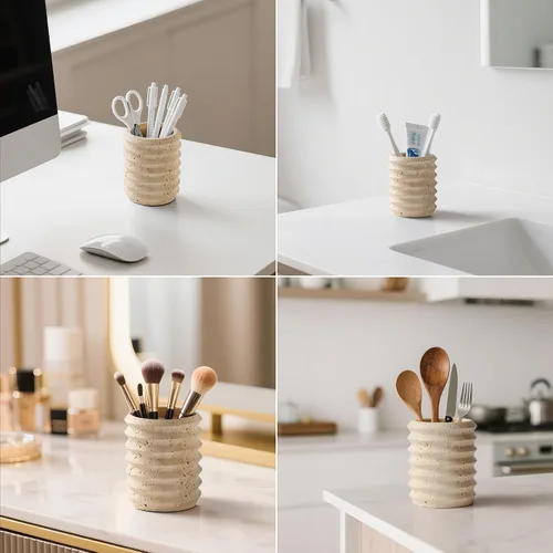 Vista 4 de Soporte para bolígrafos para escritorio, piedra de travertino natural, soporte para brochas de maquillaje, vaso moderno y funcional para lápices