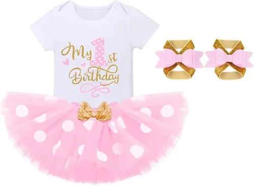Vista 2 de IBTOM CASTLE Vestido de 1er cumpleaños para niñas con diseño de pastel y falda tutú de lunares, sandalias descalzas para fotografía